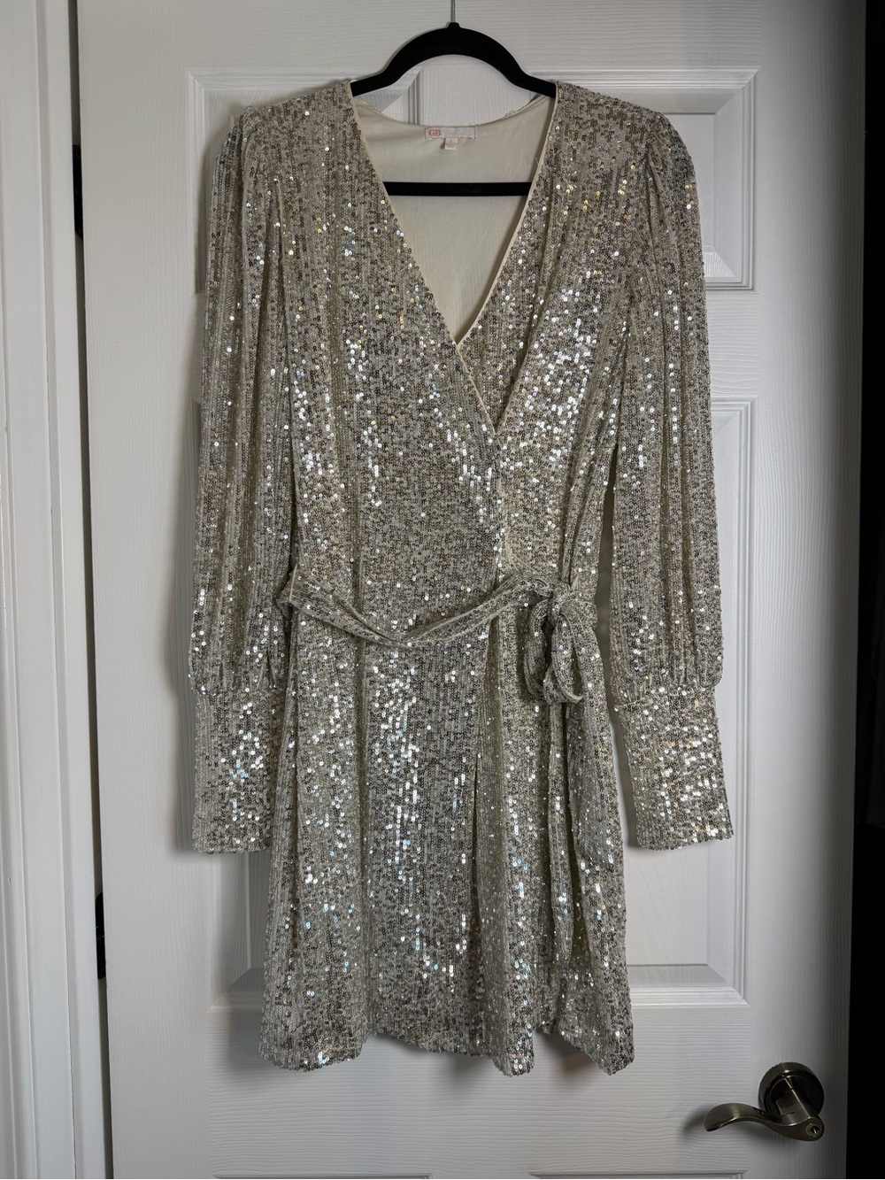 GB Silver Sequin Long Sleeve Wrap Dress Size Large